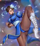  ass_visible_through_thighs boots bracelet brown_hair bun_cover chinese_clothes chun-li didi_esmeralda double_bun fighting_stance jewelry leg_lift looking_at_viewer panties pantyhose pantyshot puffy_short_sleeves puffy_sleeves short_sleeves solo spiked_bracelet spikes street_fighter thick_thighs thighs toned underwear white_footwear 