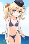  1girl bare_arms bare_shoulders bikini blonde_hair blue_eyes blue_sky blush breasts cloud collarbone cowboy_shot day eyebrows_visible_through_hair female girls_frontline hair_between_eyes hair_ribbon hat looking_at_viewer navel nipples note2000 outdoors ribbon side-tie_bikini sky small_breasts solo star super_shorty_(girls_frontline) swimsuit thigh_gap twintails 