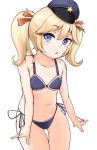  1girl bare_arms bare_shoulders bikini blonde_hair blue_eyes blush breasts collarbone cowboy_shot eyebrows_visible_through_hair female girls_frontline hair_between_eyes hair_ribbon hat looking_at_viewer navel nipples note2000 ribbon side-tie_bikini simple_background small_breasts solo star super_shorty_(girls_frontline) swimsuit thigh_gap twintails white_background 