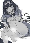  barefoot breasts cleavage cloak fate/grand_order fate_(series) feet glasses hairband highres hood hood_down hooded_cloak large_breasts long_hair low_twintails monochrome origami osakabe-hime_(fate/grand_order) osomatsu_(nanameno) panties parted_lips pov_feet simple_background sketch soles solo toes twintails underwear very_long_hair white_background 