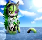  &lt;3 beach bikini cat clothing collar farfromserious feline female fur gloves green_fur hair jewelry long_hair long_tail mammal necklace open_maw purple_eyes sea seaside shirt solo spandex stitches swimsuit tattoo tight_clothing water wet yellow_eyes yushi_the_cat 