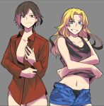  asuka_(junerabitts) black_shirt blonde_hair blue_eyes blue_shorts brown_eyes brown_hair closed_mouth collarbone commentary_request cowboy_shot denim denim_shorts dress_shirt girls_und_panzer grey_background grin hair_intakes kay_(girls_und_panzer) looking_at_viewer midriff multiple_girls navel nishizumi_maho no_pants open_clothes open_shirt red_hair red_shirt shirt shorts simple_background smile smirk tank_top thigh_gap undressing unzipped wing_collar 