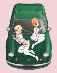  blue_eyes braid breasts bustier car choker cleavage closed_mouth collarbone commentary cup darjeeling dress elbow_gloves eyebrows_visible_through_hair full_body garter_straps girls_und_panzer gloves ground_vehicle holding lace lace-trimmed_thighhighs legs lingerie looking_at_viewer lotus_europa lying medium_breasts motor_vehicle multiple_girls on_side on_vehicle orange_hair orange_pekoe panties pink_background red_choker short_dress short_hair side-tie_panties simple_background sitting smile spaghetti_strap tea teacup teapot thighhighs tied_hair underwear underwear_only uona_telepin wariza white_dress white_gloves white_legwear white_panties 