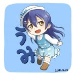  bangs blue_hair blush chibi commentary_request eyebrows_visible_through_hair full_body hair_between_eyes hand_on_headwear hat long_hair looking_at_viewer love_live! love_live!_school_idol_festival love_live!_school_idol_project miyuki_yoshiharu open_mouth smile solo sonoda_umi yellow_eyes 