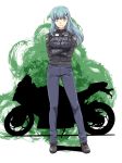  bangs blue_eyes blue_hair breasts clothes_writing contrapposto crossed_arms eyebrows_visible_through_hair grey_footwear ground_vehicle hair_ornament hairclip ishii_hisao jacket kantai_collection large_breasts leather leather_jacket legs_apart long_hair long_sleeves looking_at_viewer motor_vehicle motorcycle pants shoes smile solo standing suzuya_(kantai_collection) 
