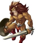  2017 abs anthro biceps boots capcom chirenbo clothed clothing digital_media_(artwork) feline footwear fur leo_(red_earth) lion loincloth male mammal melee_weapon muscular muscular_male nipples pecs red_earth simple_background sword topless video_games weapon 