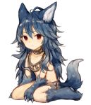  animal_ears antenna_hair between_legs blue_hair closed_mouth eyebrows_visible_through_hair fenrir_(shingeki_no_bahamut) full_body fur granblue_fantasy hand_between_legs highres jewelry long_hair looking_at_viewer monster_girl necklace paws red_eyes shingeki_no_bahamut simple_background sitting solo sukemyon tail wariza white_background wolf_ears wolf_tail 