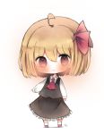  ahoge ascot bad_id bad_pixiv_id bangs black_skirt black_vest blonde_hair blush brown_eyes chibi closed_mouth collared_shirt cottontailtokki eyebrows_visible_through_hair frilled_skirt frills full_body hair_between_eyes hair_ribbon kneehighs long_sleeves pink_footwear red_neckwear red_ribbon revision ribbon rumia shirt signature skirt skirt_set smile solo standing touhou vest white_legwear white_shirt 