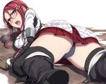  angry ass black_legwear black_panties blush boots from_behind glasses gloves hair_ornament hairclip highres long_hair looking_at_viewer lying minerva_victor on_stomach open_mouth panties red_eyes red_hair sblack senjou_no_valkyria senjou_no_valkyria_4 skirt solo sweat thighhighs underwear 