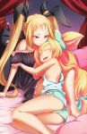  absurdres armpits ass bare_shoulders blazblue blonde_hair bow hair_bow highres multiple_girls non-web_source official_art platinum_the_trinity rachel_alucard red_eyes short_shorts shorts sleeping twintails 