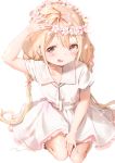  :d arm_up blonde_hair blurry brown_eyes cherry_blossoms dress flower_wreath full_body futaba_anzu hair_ribbon hand_on_headwear hand_on_lap head_wreath idolmaster idolmaster_cinderella_girls kira!_mankai_smile long_hair looking_at_viewer low_twintails open_mouth ribbon sailor_collar sailor_dress sash school_uniform seiza shiratama_akane signature simple_background sitting smile solo twintails twitter_username very_long_hair white_background white_dress white_sailor_collar 