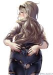  ass blonde_hair blue_eyes blush closed_mouth denim jeans juurouta kantai_collection long_hair looking_at_viewer mole mole_under_eye pants richelieu_(kantai_collection) shirt simple_background solo sunglasses torn_clothes torn_jeans torn_pants white_background 
