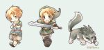  blonde_hair blue_eyes boots chibi earrings fingerless_gloves gloves hat holding holding_weapon jewelry left-handed link link_(wolf) multiple_boys multiple_persona open_mouth pointy_ears sword the_legend_of_zelda the_legend_of_zelda:_twilight_princess weapon zaphk_(artist) 