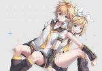  1girl :d black_sailor_collar black_shorts blonde_hair blue_eyes blush bow closed_mouth commentary_request detached_sleeves hair_bow hair_ornament hairclip headphones headphones_around_neck huanxiang_huifeng kagamine_len kagamine_rin leg_warmers looking_at_viewer open_mouth puffy_short_sleeves puffy_sleeves sailor_collar shirt short_hair short_shorts short_sleeves shorts sitting smile vocaloid white_bow white_shirt 