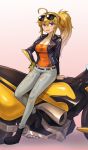  ahoge belt black_footwear black_jacket blonde_hair boots breasts cleavage denim eyewear_on_head gauntlets gradient gradient_background grey_background ground_vehicle hair_between_eyes highres jacket jeans large_breasts leaning_against_motorcycle leather leather_jacket long_hair looking_at_viewer motor_vehicle motorcycle open_clothes open_jacket orange_shirt pants parted_lips ponytail prosthesis purple_eyes rwby shirt single_gauntlet sitting smile solo sookmo sunglasses torn_clothes torn_jeans torn_pants yang_xiao_long 