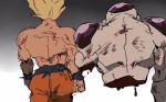  blonde_hair blood commentary_request dragon_ball dragon_ball_z facing_away flying frieza gradient gradient_background grey_background imamuu_(imamoon) injury male_focus multiple_boys out_of_frame shirtless short_hair simple_background son_gokuu spiked_hair standing super_saiyan twitter_username two-tone_background white_background wristband 