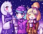  2018 animal_crossing anthro beverage blonde_hair blue_eyes blue_hair blush boss_monster canine caprine clothed clothing coco_pommel_(mlp) crossover dog earth_pony equine eyes_closed female friendship_is_magic fully_clothed goat group hair horn horse hot_chocolate isabelle_(animal_crossing) long_hair looking_at_viewer lumineko mammal my_little_pony nintendo open_mouth open_smile pony red_eyes scarf shih_tzu short_hair smile snow toriel undertale video_games 
