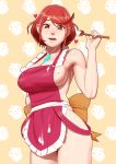  absurdres alternate_costume apron bad_id bad_pixiv_id bangs bare_shoulders breasts cowboy_shot cream cupcake food highres holding holding_spoon homura_(xenoblade_2) john_doe large_breasts looking_at_viewer naked_apron open_mouth red_eyes red_hair short_hair sideboob solo spoon swept_bangs wooden_spoon xenoblade_(series) xenoblade_2 