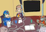  2boys absurdres android book brown_hair crossover cup flat_screen_tv headphones helmet highres light_brown_hair lydian_academy_uniform multiple_boys necktie open_mouth orange_eyes pyra_magna robot rockman rockman_x screen senki_zesshou_symphogear short_hair sitting table tachibana_hibiki_(symphogear) talking television transformers x_(rockman) 