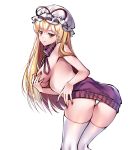  :d alternate_costume ass bare_shoulders blonde_hair blush breasts covering covering_breasts from_behind gem_oblivion hat hat_ribbon highres leaning_forward long_hair looking_at_viewer looking_back medium_breasts meme_attire mob_cap nail_polish open_mouth panties purple_nails ribbon simple_background smile solo thighhighs touhou underwear very_long_hair virgin_killer_sweater white_background white_legwear white_panties yakumo_yukari yellow_eyes 