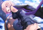  55level armor armored_dress ass breasts cleavage elbow_gloves eyebrows_visible_through_hair fate/grand_order fate_(series) from_behind gloves hair_over_one_eye happy mash_kyrielight medium_breasts open_mouth pink_hair purple_eyes shield short_hair smile solo 