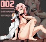  aqua_eyes bangs breasts candy commentary_request darling_in_the_franxx eyebrows_visible_through_hair eyeshadow food hair_censor hair_over_breasts horns jacket_on_shoulders large_breasts lollipop long_hair makeup military_jacket nude pink_hair shiny shiny_hair sitting solo straight_hair thighs yaobin_yang zero_two_(darling_in_the_franxx) 