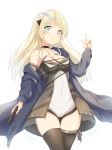  absurdres armpit_crease bangs black_legwear blonde_hair blush braid breasts cameltoe choker cleavage coat collarbone commentary covered_navel cowboy_shot crossed_legs daewoo_k5 dated dress eyebrows_visible_through_hair girls_frontline grey_coat grey_eyes gun hair_ornament handgun head_tilt highres holding holding_gun holding_weapon index_finger_raised k5_(girls_frontline) large_breasts leotard light_particles long_hair looking_at_viewer off_shoulder open_clothes open_coat open_dress pouch see-through sidelocks skindentation smile solo strap swept_bangs thigh_strap thighhighs thighs trigger_discipline weapon white_leotard xue_lu 