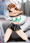  1girl 90s agent_aika black_delmo blue_bra brown_eyes brown_hair delmo high_heels indoors kneeling latex legs matching_hair/eyes navel no_socks open_mouth pixiv shiny shiny_hair shiny_skin short_hair skirt solo tanline thighs undressing yuusuke_(ziyasu) 