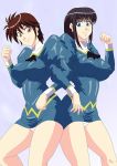  2girls 90s agent_aika aoi_azuma black_hair blue_delmo blue_eyes breasts brown_eyes brown_hair closed_mouth crotch delmo dress large_breasts latex legs looking_at_viewer miniskirt multiple_girls panties pantyshot pantyshot_(standing) pixiv shiny short_dress short_hair simple_background skin_tight skirt smile thighs underwear uniform white_panties 