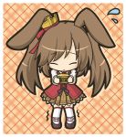  animal_ears bangs blush brown_footwear brown_hair brown_skirt bunny_ears character_request chibi closed_eyes closed_mouth commentary_request crown emil_chronicle_online eyebrows_visible_through_hair facing_viewer flying_sweatdrops full_body holding long_hair long_sleeves mini_crown outstretched_arms plaid plaid_background pleated_skirt rinechun shirt shoes skirt solo standing thighhighs twintails very_long_hair white_legwear white_shirt 