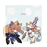  :3 animal_ears bangs beach_umbrella bikini black_footwear blue_bikini blue_bow blue_kimono blush_stickers bow breasts brown_eyes brown_hair chibi cleavage closed_mouth detached_sleeves diagonal_stripes fate/extra fate/grand_order fate_(series) fox_ears fox_girl fox_tail futong_jun hair_between_eyes hair_bow hat innertube jacket japanese_clothes kimono large_breasts long_hair long_sleeves multiple_girls navel open_clothes open_jacket pelvic_curtain puffy_short_sleeves puffy_sleeves purple_legwear short_kimono short_sleeves side-tie_bikini standing standing_on_one_leg strapless striped striped_umbrella sun_hat swimsuit tail tamamo_(fate)_(all) tamamo_no_mae_(fate) tamamo_no_mae_(swimsuit_lancer)_(fate) thighhighs transparent twintails umbrella white_hat white_jacket wide_sleeves zouri 