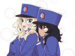  andou_(girls_und_panzer) angry bangs bc_freedom_(emblem) bc_freedom_military_uniform black_hair blonde_hair blue_eyes blue_hat blue_jacket blue_vest blush brown_eyes circle closed_mouth dark_skin dress_shirt emblem eyebrows_visible_through_hair from_side frown girls_und_panzer hands_on_another's_shoulders hat high_collar highres inumoto jacket long_sleeves looking_at_another looking_back medium_hair military military_hat military_uniform multiple_girls open_mouth oshida_(girls_und_panzer) shako_cap shirt smile standing uniform upper_body v-shaped_eyebrows vest white_shirt yuri 