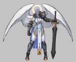  abs angel armor big_breasts blue_eyes blue_hair boots breasts clothed clothing feathered_wings feathers female footwear gauntlets gloves hair halo holding_object holding_weapon humanoid hutago long_hair melee_weapon muscular muscular_female solo sword tabard weapon white_wings wings 