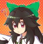  ? absurdres black_hair blush bow closed_mouth commentary english_commentary eyebrows_visible_through_hair green_bow hair_bow highres long_hair looking_at_viewer majormilk polka_dot polka_dot_background red_eyes reiuji_utsuho solo touhou upper_body wool_(miwol)_(style) 