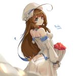  ahoge alternate_costume artist_name ass bare_shoulders blue_eyes bouquet breasts brown_hair butt_crack closed_mouth commentary_request dress flower from_behind hat highres hinatsuru_ai long_hair looking_at_viewer older pandea_work ryuuou_no_oshigoto! sideboob simple_background small_breasts smile solo white_background white_dress white_hat 