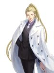  blonde_hair coat devil_summoner formal fur_coat highres holding long_hair madame_ginko necktie qingxingzhen shin_megami_tensei soul_hackers suit very_long_hair yellow_eyes 