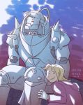  2boys ^_^ alphonse_elric animated animated_gif armor artist_name blonde_hair brothers closed_eyes coat commentary edward_elric full_armor fullmetal_alchemist gloves male_focus multiple_boys red_coat siblings sitting smile 