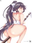  absurdres artist_name ass azur_lane bangs bare_arms black_hair blush bokken bow breasts brown_eyes hair_bow hair_flaps highres holding holding_weapon incro300 large_breasts long_hair looking_at_viewer looking_back one-piece_swimsuit open_mouth ponytail shiny shiny_skin sidelocks simple_background smile solo squatting sweat swimsuit sword takao_(azur_lane) thighs very_long_hair weapon white_background white_bow white_swimsuit wooden_sword 