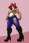  anthro black_boots bra brenda clothed clothing clout-goggles digital_media_(artwork) dragon fangs female fruxuyup hair heeled_boots horn jeans looking_at_viewer mammal markings pants red_hair solo standing torn_clothing torn_jeans torn_pants underwear 