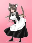  ;d alternate_costume animal_ears apron ashigara_(kantai_collection) bangs bent_over black_dress black_footwear black_hairband black_legwear blush breasts cat_ears cat_tail collared_dress crossed_bangs dress enmaided eyebrows eyebrows_visible_through_hair full_body gradient gradient_background hair_between_eyes hairband high_heels holding kantai_collection kemonomimi_mode large_breasts legs_apart long_hair long_sleeves maid maid_apron mary_janes one_eye_closed open_mouth outline pantyhose pink_background puffy_long_sleeves puffy_sleeves rikuo_(whace) shoes sleeve_cuffs smile solo sparkle standing tail tail_raised white_apron white_outline 