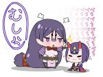  :o absurdly_long_hair angry black_legwear black_panties chibi closed_eyes closed_mouth fate/grand_order fate_(series) gem headpiece highres hitting horns japanese_clothes jitome kimono long_hair low-tied_long_hair minamoto_no_raikou_(fate/grand_order) multiple_girls obi off_shoulder oni oni_horns onomatopoeia panties pelvic_curtain puffy_short_sleeves puffy_sleeves purple_eyes purple_hair rei_(rei_rr) sash short_eyebrows short_hair short_sleeves shuten_douji_(fate/grand_order) simple_background sitting smile standing thighhighs translation_request underwear very_long_hair white_background wide_sleeves 