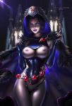  1girl adapted_costume areolae artist_name ayyasap blue_eyes blue_hair breasts covered_navel dc_comics forehead_jewel hood lipstick looking_at_viewer mole mole_under_mouth nail_polish nipples pussy raven_(dc) short_hair solo teen_titans uncensored 