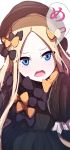  abigail_williams_(fate/grand_order) bad_id bad_pixiv_id bangs black_bow black_dress black_hat blonde_hair blue_eyes bow check_translation d: dress fate/grand_order fate_(series) forehead hair_bow hat head_tilt highres long_hair long_sleeves looking_at_viewer open_mouth orange_bow parted_bangs simple_background sketch sleeves_past_fingers sleeves_past_wrists solo translation_request upper_teeth very_long_hair wada_kazu white_background 