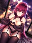  bangs bare_shoulders black_bra black_gloves black_legwear black_panties blurry blurry_background bra breasts cleavage collarbone commentary elbow_gloves eyebrows_visible_through_hair fate/grand_order fate_(series) garter_belt garter_straps gloves hair_between_eyes hair_intakes heart heart-shaped_boob_challenge heart_hands highres hips indoors lace lace-trimmed_bra lace-trimmed_thighhighs large_breasts long_hair looking_at_viewer mallizmora panties purple_hair red_eyes scathach_(fate)_(all) scathach_(fate/grand_order) shiny shiny_skin solo thighhighs thighs underwear window 