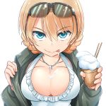  :p bangs black-framed_eyewear black_jacket blonde_hair blue_eyes braid breasts cleavage closed_mouth commentary_request darjeeling eyebrows_visible_through_hair eyewear_on_head food food_on_breasts food_on_face frilled_swimsuit frills girls_und_panzer holding holding_food ice_cream ice_cream_cone ice_cream_on_face jacket jewelry kitayama_miuki large_breasts licking_lips looking_at_viewer necklace open_clothes open_jacket short_hair smirk solo suggestive_fluid sunglasses swimsuit tied_hair tongue tongue_out twin_braids upper_body v-shaped_eyebrows white_swimsuit 