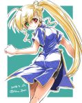  alternate_hairstyle ass bangs black_shorts blonde_hair blue_dress china_dress chinese_clothes closed_mouth cowboy_shot dated dress eyebrows_visible_through_hair from_behind green_background green_eyes hair_bun heterochromia long_hair looking_at_viewer looking_back lyrical_nanoha mahou_shoujo_lyrical_nanoha_vivid older outside_border red_eyes san-pon short_sleeves shorts shorts_under_dress side_ponytail side_slit smile solo standing twitter_username very_long_hair vivio 