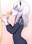  albino bangs black_bow black_dress blush bow censored constricted_pupils dress fate/grand_order fate_(series) fellatio from_side hair_between_eyes hair_bow handjob highres horn lavinia_whateley_(fate/grand_order) long_hair long_sleeves nose_blush open_mouth oral penis pointless_censoring polka_dot polka_dot_bow rantana_(lalalalackluster) solo_focus sweat tongue tongue_out white_hair white_skin 