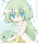  animal bangs bare_arms bare_shoulders blue_eyes blush character_name closed_mouth collarbone dress emil_chronicle_online eyebrows_visible_through_hair green_hair hair_between_eyes highres holding holding_animal jellyfish long_hair looking_at_viewer poison_gel_alma rinechun sleeveless sleeveless_dress solo transparent twitter_username very_long_hair white_dress 