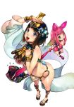  2girls animal_ears arm_up ass black_hair blue_eyes blush blush_stickers breasts bunny_ears cleavage commentary_request crown egyptian f.s. full_body large_breasts loincloth long_hair looking_at_viewer looking_up melona menace monster_girl multiple_girls open_mouth panties pink_hair prehensile_hair queen's_blade revealing_clothes salute sandals scepter setra shiny shiny_hair shiny_skin short_hair simple_background striped striped_panties teeth thighs tongue underboob underwear white_background 