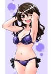  ;d adapted_costume arms_behind_head arms_up ashigara_(kantai_collection) bangs bare_arms bare_shoulders bikini blush breasts brown_eyes brown_hair cleavage collarbone cowboy_shot eyebrows eyebrows_visible_through_hair fang hair_between_eyes hair_lift hairband hands_in_hair kantai_collection legs_together long_hair looking_at_viewer medium_breasts one_eye_closed open_mouth purple_bikini rikuo_(whace) side-tie_bikini smile solo standing swimsuit thigh_gap underboob white_hairband 